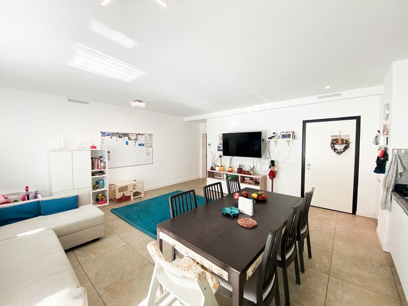 Dining room: table, 6 chairs, blue rug, sofa with blue cushions, white shelves, entertainment center with television, decorative items