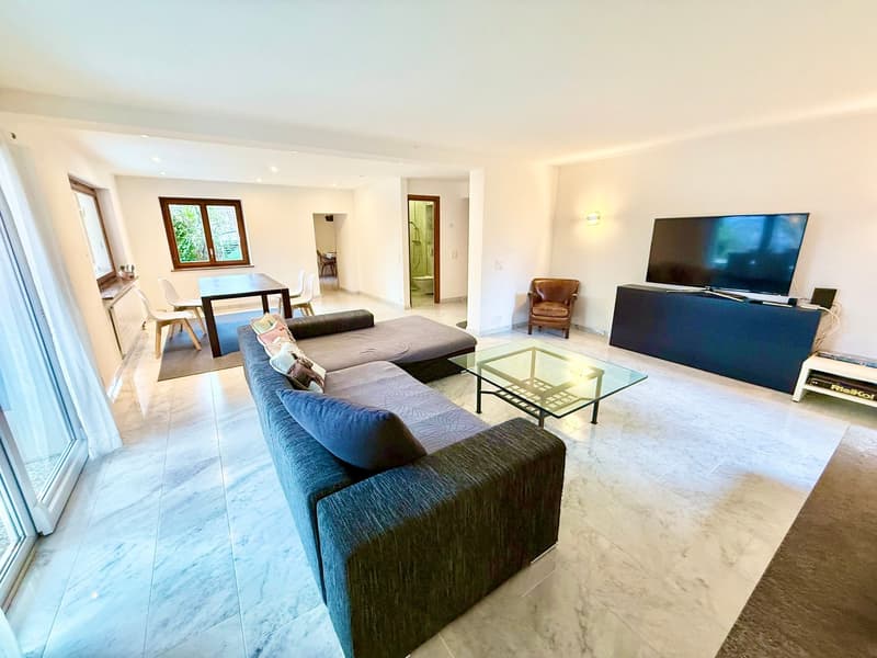 modern living room, blue couch, glass coffee table, flat screen TV, wooden chair, carpet, white marble floor, sliding glass door, dining table with chairs