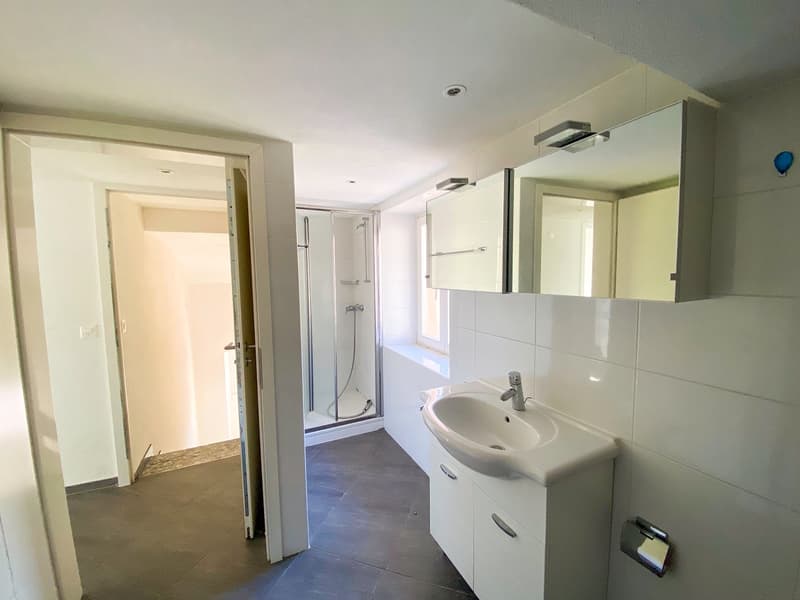 A modern bathroom with white tiled walls, a white sink, a glass shower enclosure, a mirror with a cabinet underneath, and a toilet roll holder on the wall.