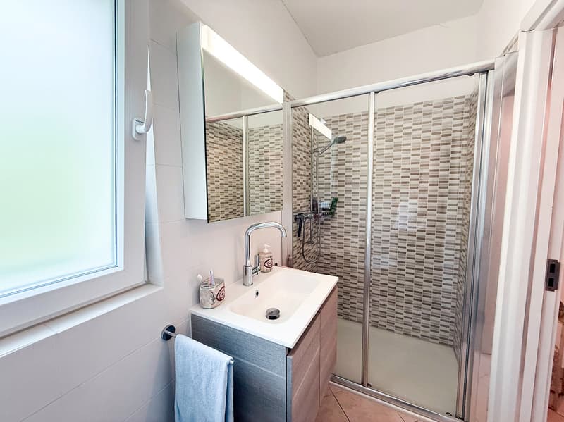 Bathroom with tiled walls, vanity sink, mirror cabinet, and glass shower enclosure.