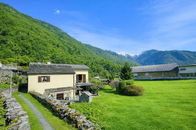 traditional alpine house, yellow walls, grey roof, mountain landscape, green lawn, wooden pergola