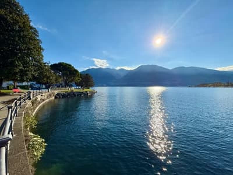 lake view, mountains, trees, clear sky, sun