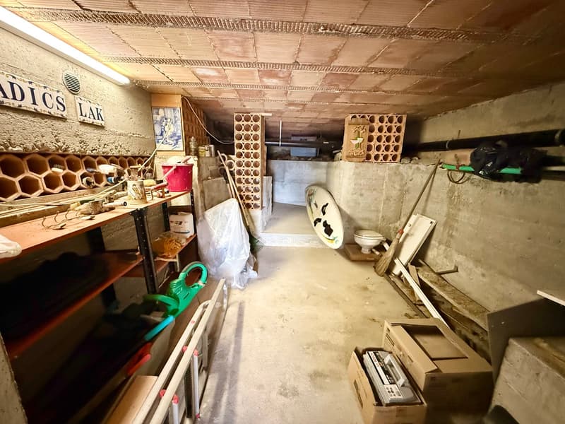 Storage room with shelves, boxes, buckets, tools, and a toilet