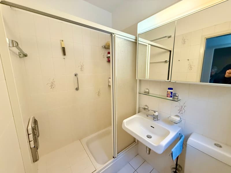 Bathroom with shower, sink, toilet, mirror, and shelves