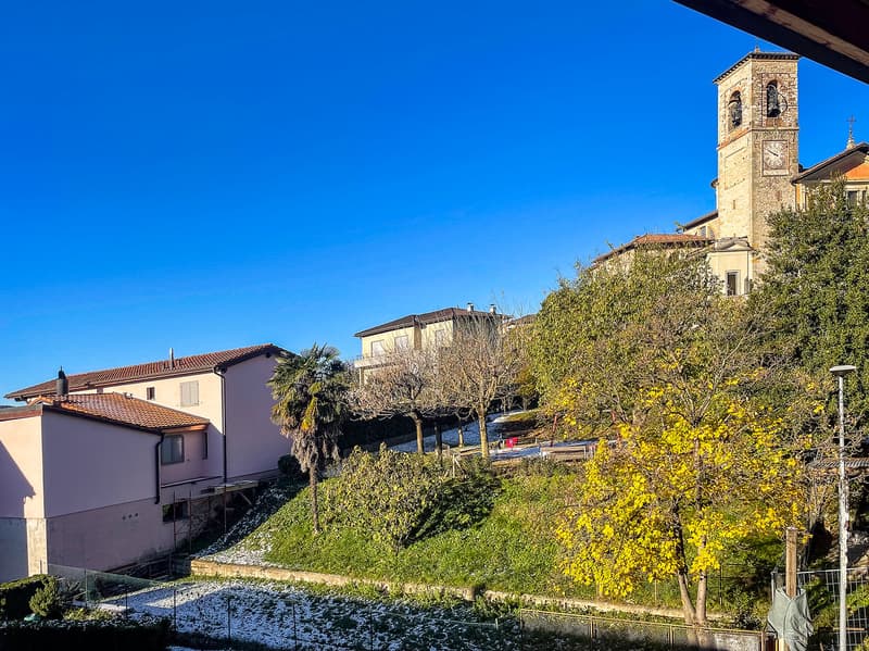 A view of a town with buildings, a church, and a clock tower, surrounded by trees and grass.