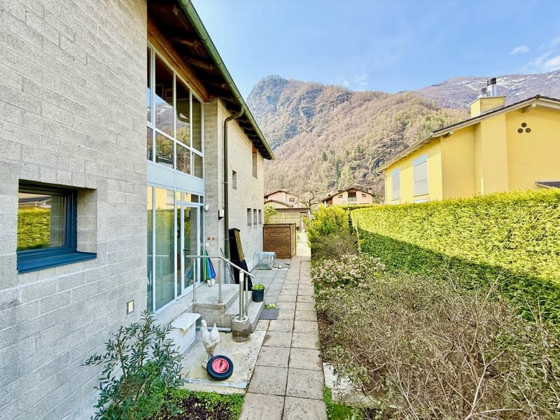 Modern house with glass walls, concrete exterior, pathway leading to entrance, small garden, mountain view