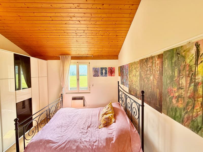 Bedroom with wooden ceiling, bed, pink bedspread, pillows, paintings on the wall, window with curtains, white wardrobes, fireplace, and a view of a field outside.