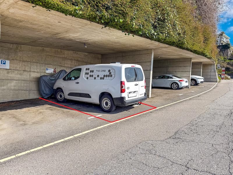 Underground parking space with concrete walls, a white van parked, and two other cars parked in adjacent spaces.