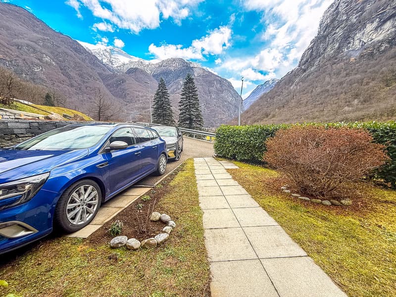 Outdoor area with sidewalk, cars parked in designated parking area, grassy ground, plants, distant mountains