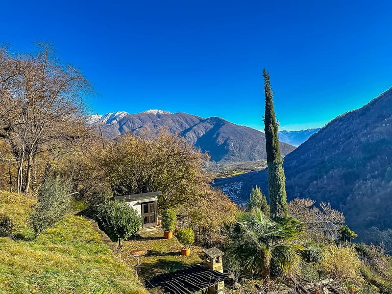 The image shows a scenic mountain landscape with a small house or cabin nestled in a lush, green garden. The house has a balcony or terrace overlooking the valley below, which is surrounded by snow-capped mountains under a clear blue sky. There are variou