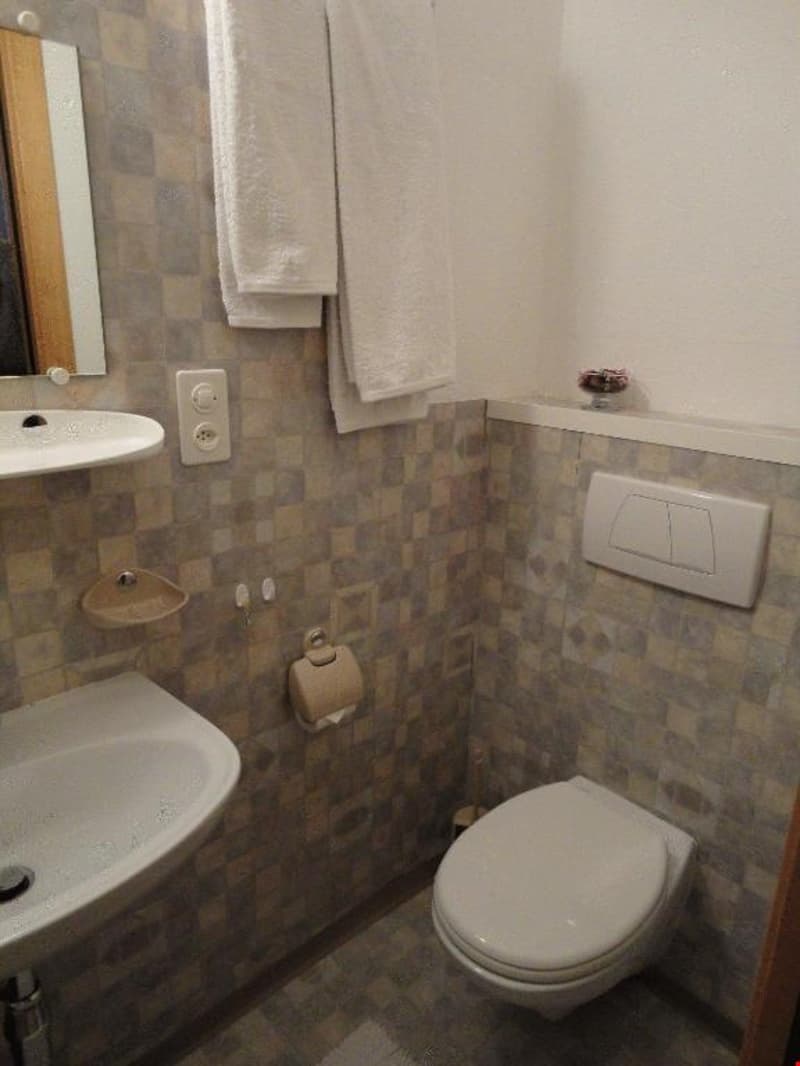 Tiled bathroom with a toilet, sink, and towel rack. There is a private washing machine visible in the image.