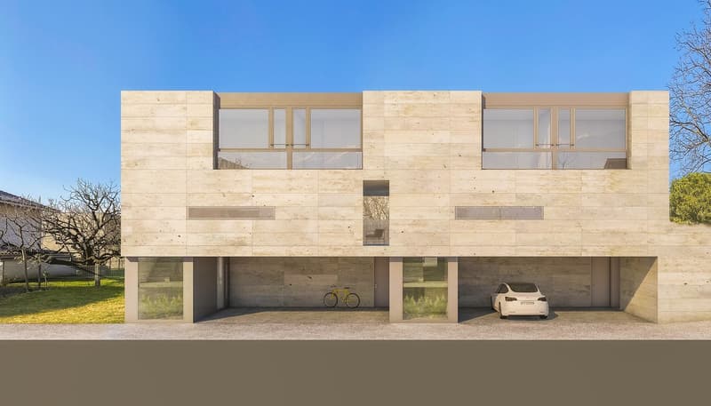 Modern house, beige stone, 2 floors, double garage