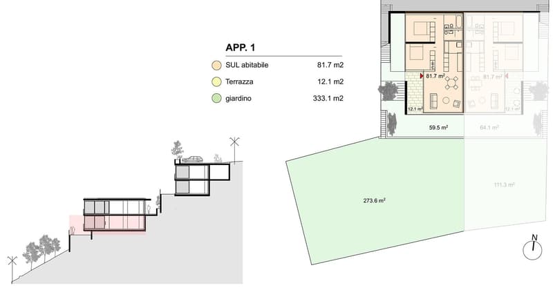 The image shows the floor plan of an apartment (App. 1) with a living area of 81.7 m2, a terrace of 12.1 m2, and a garden of 333.1 m2. The apartment has a garage and parking space visible in the image.