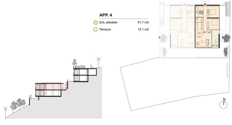 The image shows the floor plan for Apartment 4, which has a living area of 81.7 m2 and a terrace of 12.1 m2. The apartment appears to have an open layout with a living room, kitchen, and two bedrooms.