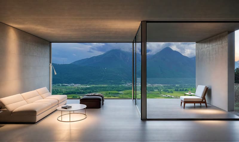 Spacious living room with large windows offering a stunning view of the mountainous landscape. The room features a comfortable sofa, a coffee table, and an armchair. The minimalist and modern design creates a serene and relaxing atmosphere.