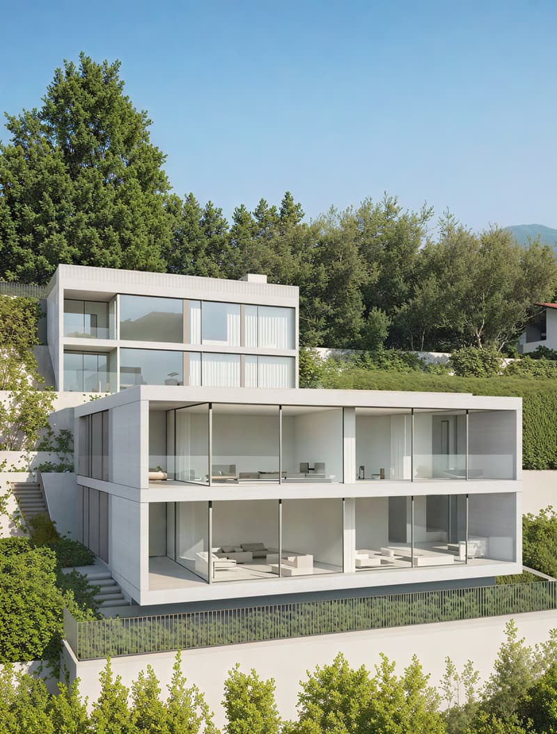 Modern, multi-story house with large glass windows and balconies, surrounded by lush greenery and trees