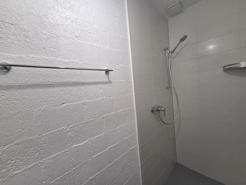 white tiled walls, shower head, shower rail, towel rack