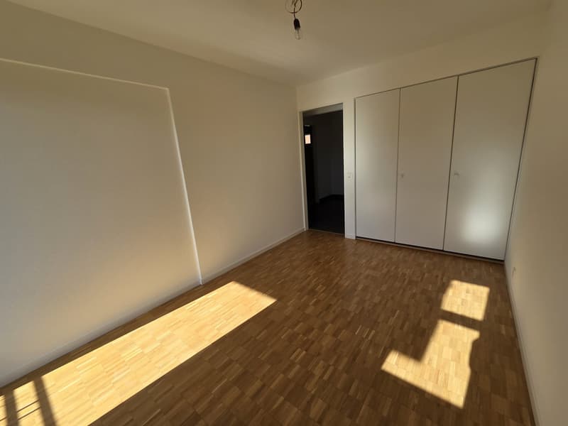 empty room, wooden floor, white walls, white wardrobes, open door