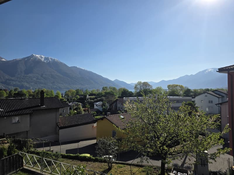 View of a neighborhood with houses, mountains, and a clear blue sky