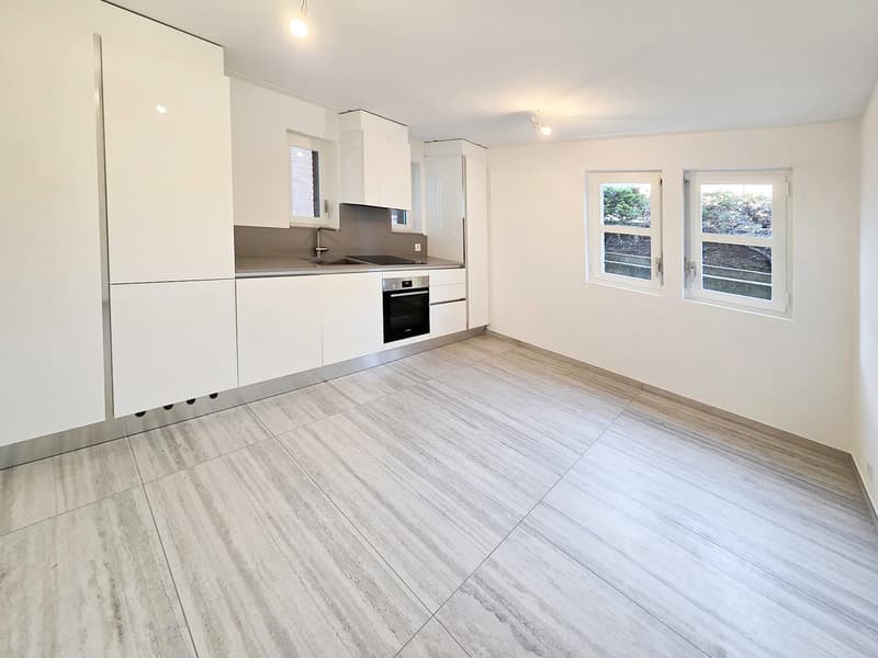 modern kitchen with white cabinets, granite countertops, stainless steel appliances, tiled flooring, two windows