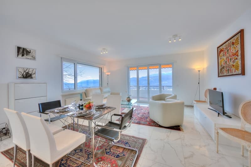 large windows, balcony, dining table, large rug, carpet, sofas, television, artwork