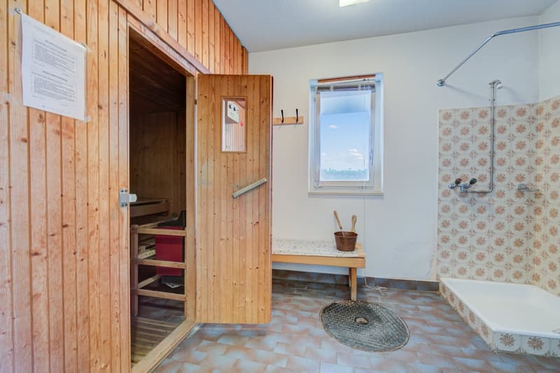 small room, wooden walls, wooden shower, bench, small windows, small door