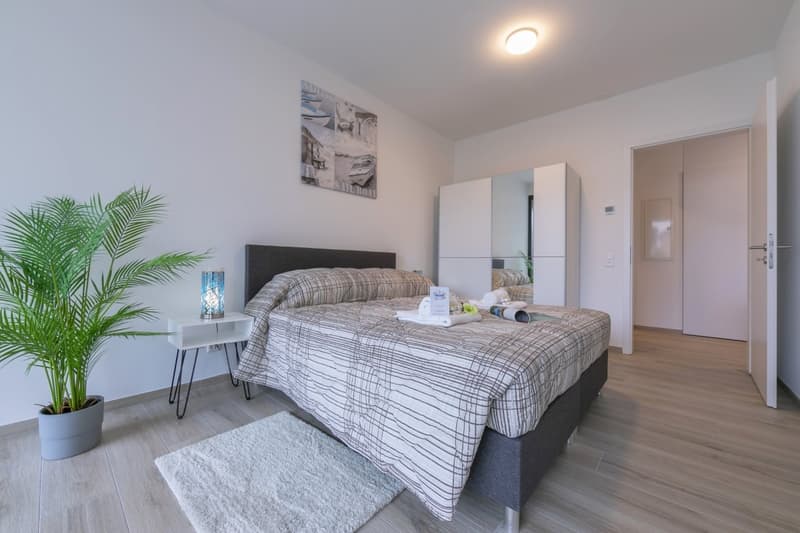 Spacious bedroom with wooden floor, white walls, gray bed with plaid cover, nightstand with plant and lamp, mirror mounted on wall, two large cabinets, rug in front of bed, open door leading to another room.