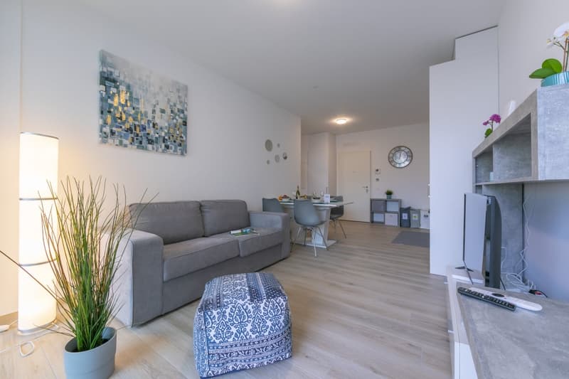 Light colored room, wooden floor, gray couch, ottoman, table with remote control, white walls, large abstract art, dining table, chair, plants, shelf with flowers, TV, lamp, table lamp