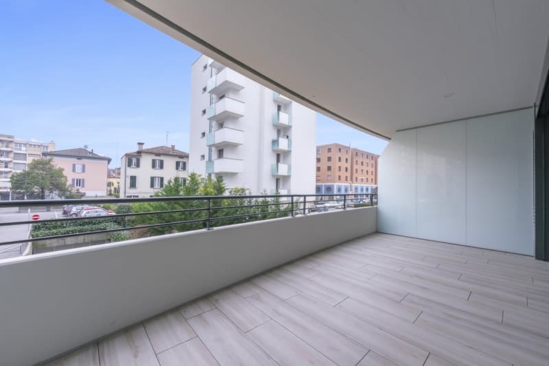 wooden floor, white walls, black railings, no furniture