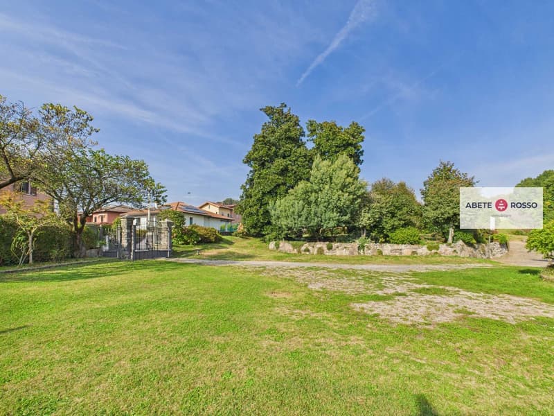 large open grassy area, mature trees, bushes, pathway, small stone wall, fence, houses in the background
