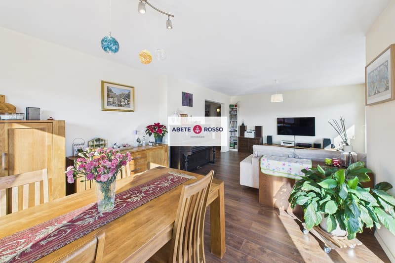Dining room with wooden table, chairs, flowers, wooden cabinet, TV, couch, bookshelf, and plants