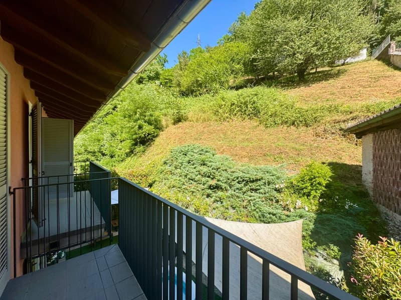 The image shows a balcony or terrace overlooking a lush, green hillside. The balcony has a metal railing and the view is dominated by the dense foliage of the trees and shrubs on the slope below.