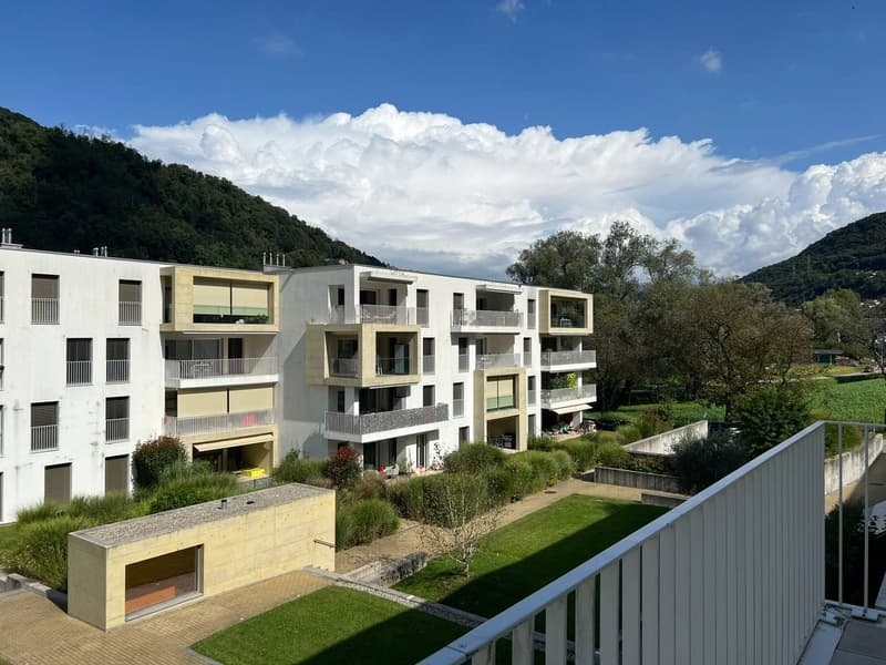 Modern white multistory apartment building, balconies, green grassy lawn, mountain in the background.