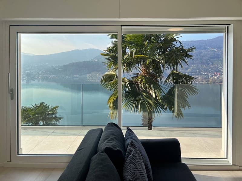 Large windows with a panoramic view of a lake surrounded by mountains and palm trees, a black sofa in the foreground