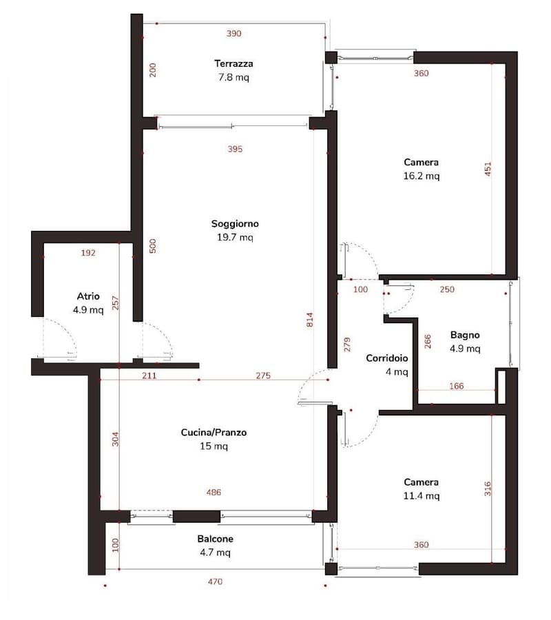 Entrance, living room, kitchen, 2 bedrooms, 2 bathrooms, balcony, terrace