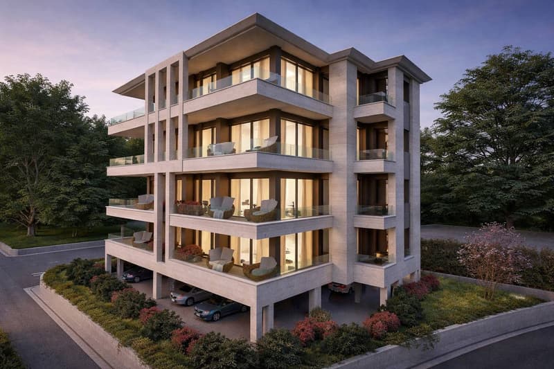 Modern multi-story building with multiple balconies, large windows, and a parking area.