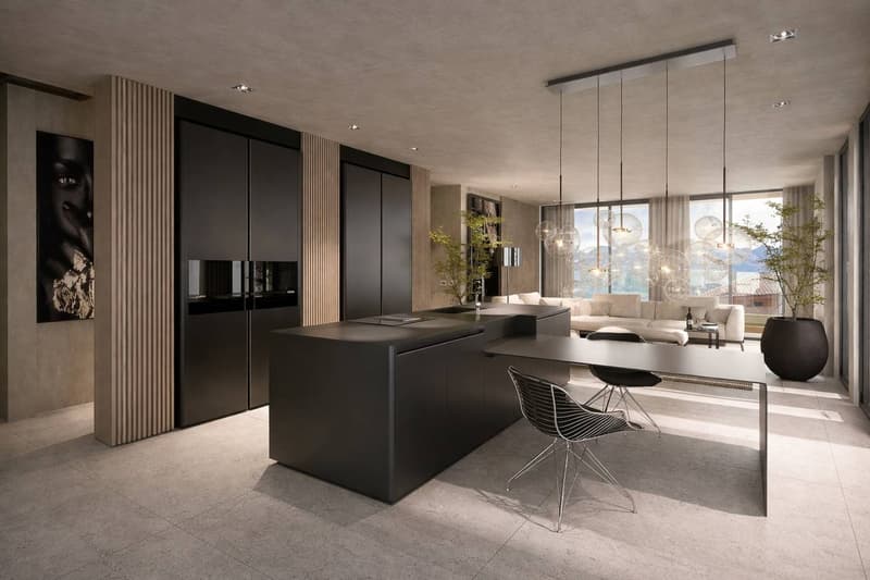 modern kitchen with island, large windows, modern furniture, plants, large pendant lights