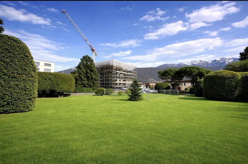 large green lawn, hedges, trees, construction site, mountains in the background