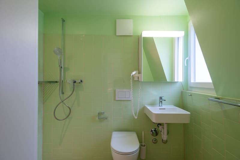 Green tiled bathroom with a shower, toilet, and sink