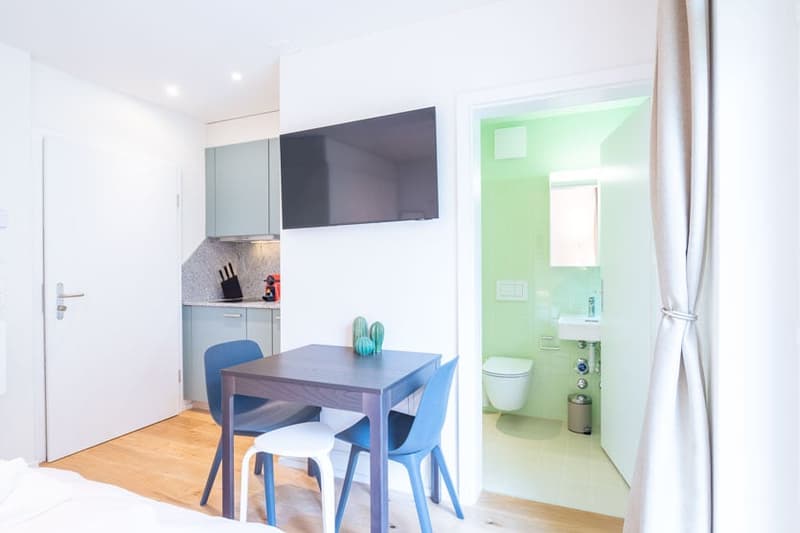 Compact studio apartment with open-plan living and dining area, kitchenette with dishwasher and washing machine, and an en-suite bathroom visible through the doorway.