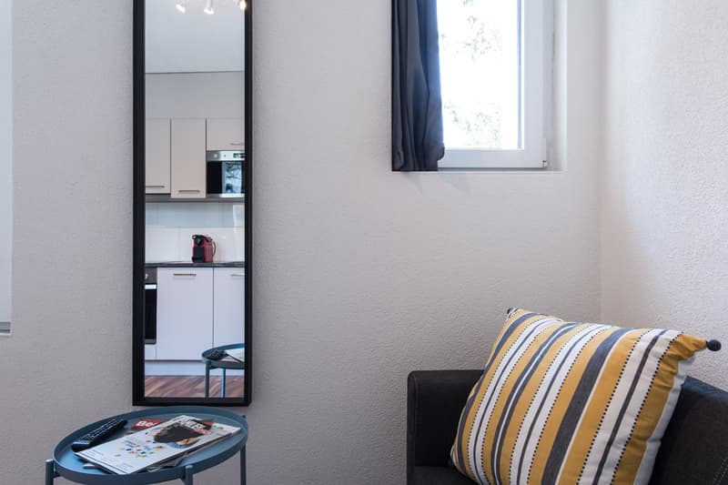 Small studio apartment with a kitchenette visible through an open doorway, a sofa with a striped pillow, and a window providing natural light.