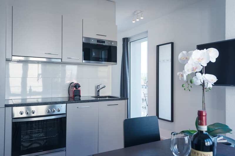Modern kitchen with white cabinets, stainless steel appliances including a dishwasher, black countertop, and a window providing natural light