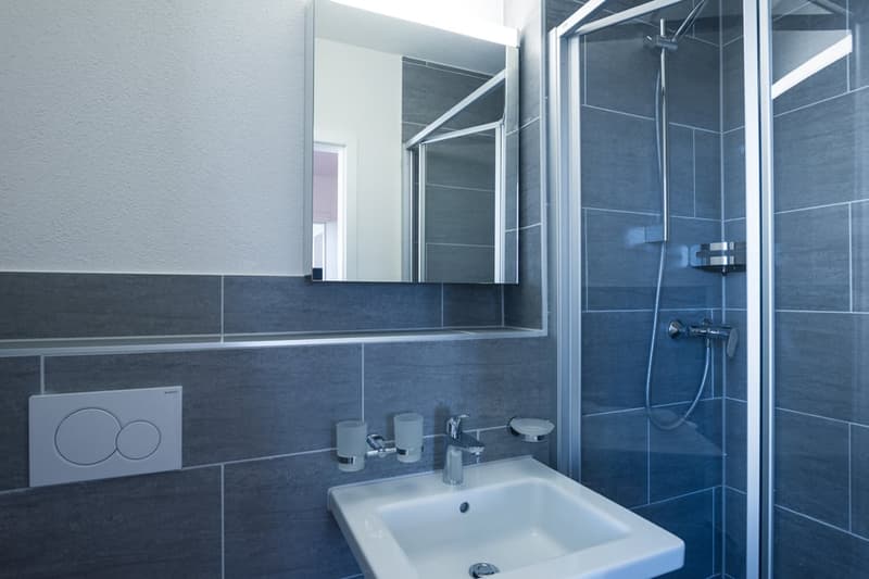 Modern bathroom with gray tile walls, a sink with a mirror cabinet, and a glass shower enclosure.