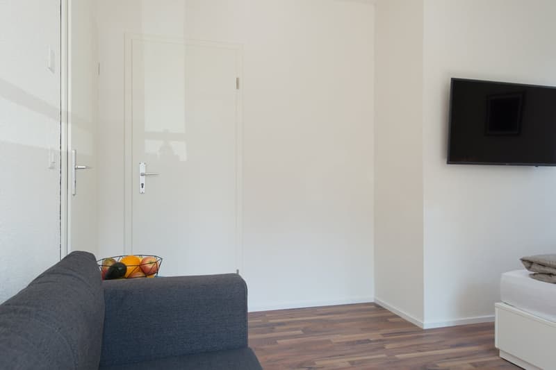 Minimalist living room with a gray sofa, wooden floor, and a TV mounted on the wall. There appears to be a dishwasher visible in the room.