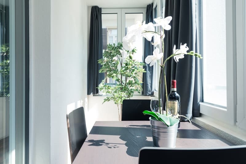 Dining table with chairs, potted plant, wine bottle, orchid flowers, large windows with black curtains
