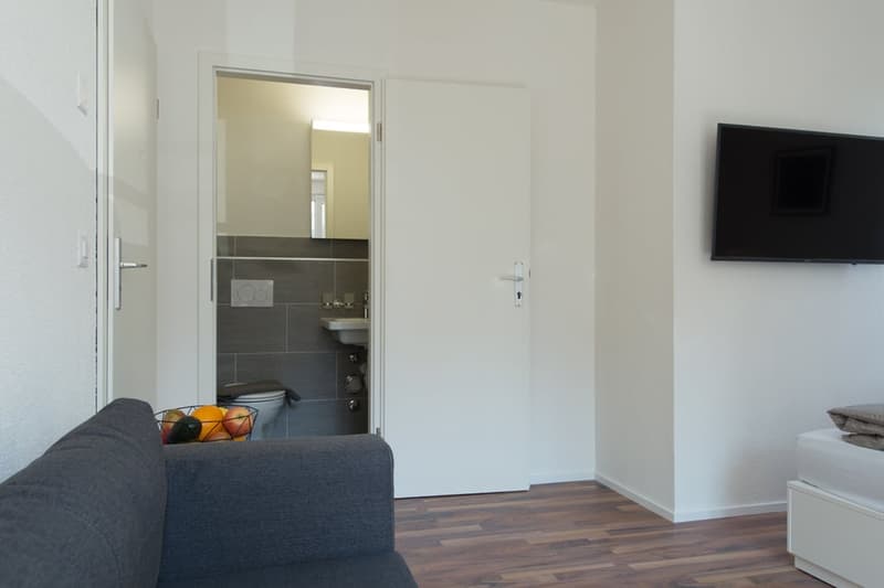 Open-plan studio apartment with hardwood flooring, white walls, a gray sofa, and a bathroom visible through the open doorway. A TV is mounted on the wall.