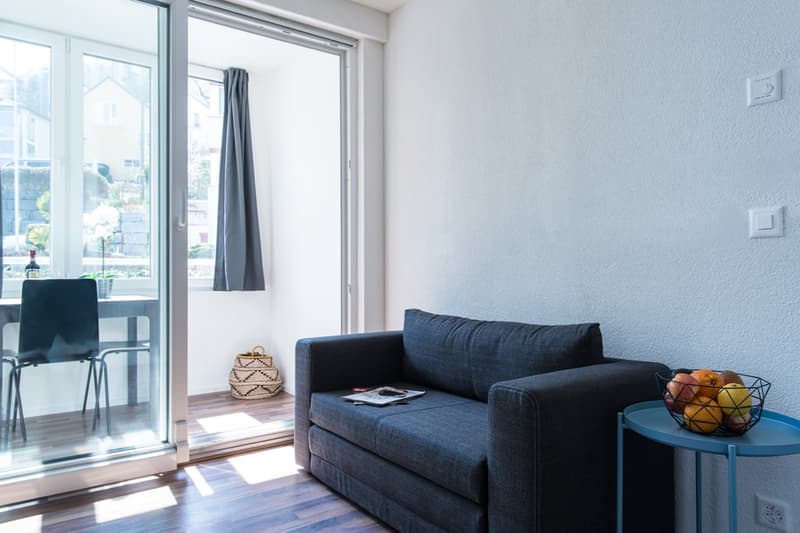 Spacious living room with large windows, gray sofa, side table, and a fruit bowl