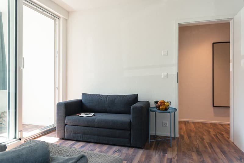 Spacious living room with large windows, hardwood floors, a grey sofa, and a side table with a fruit bowl.