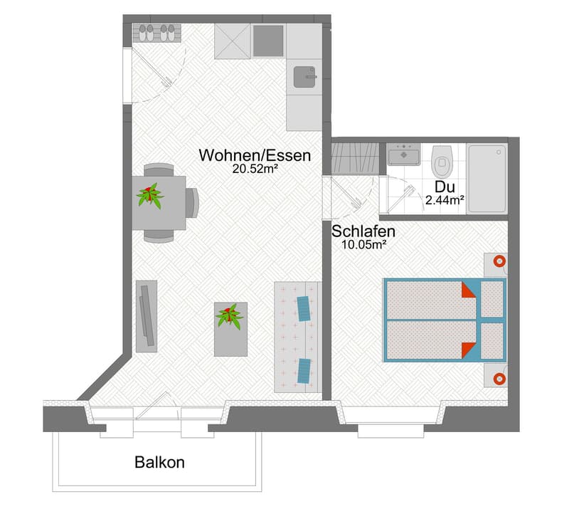 Living room/dining room, bedroom, bathroom, balcony