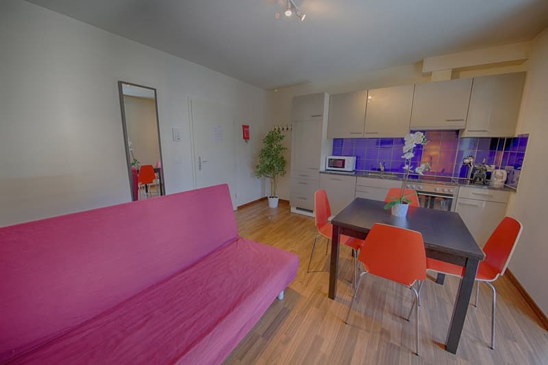 Open-plan living room and kitchen, hardwood floors, white walls, pink sofa, black dining table with orange chairs, kitchen with white cabinets and purple backsplash, microwave and dishwasher visible